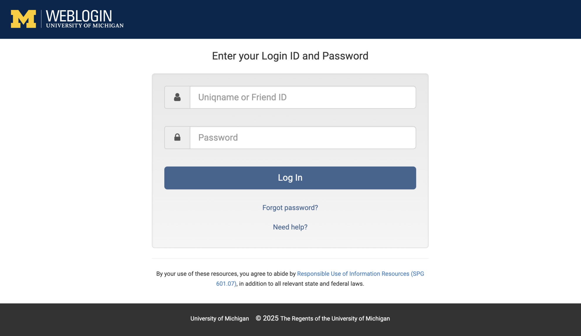 Current U-M Weblogin Sign-In Screen
